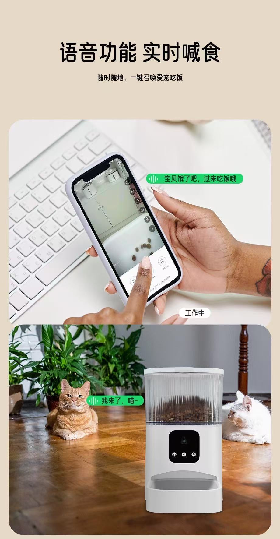 Distributeur automatique de nourriture pour animaux avec double alimentation et surveillance vocale